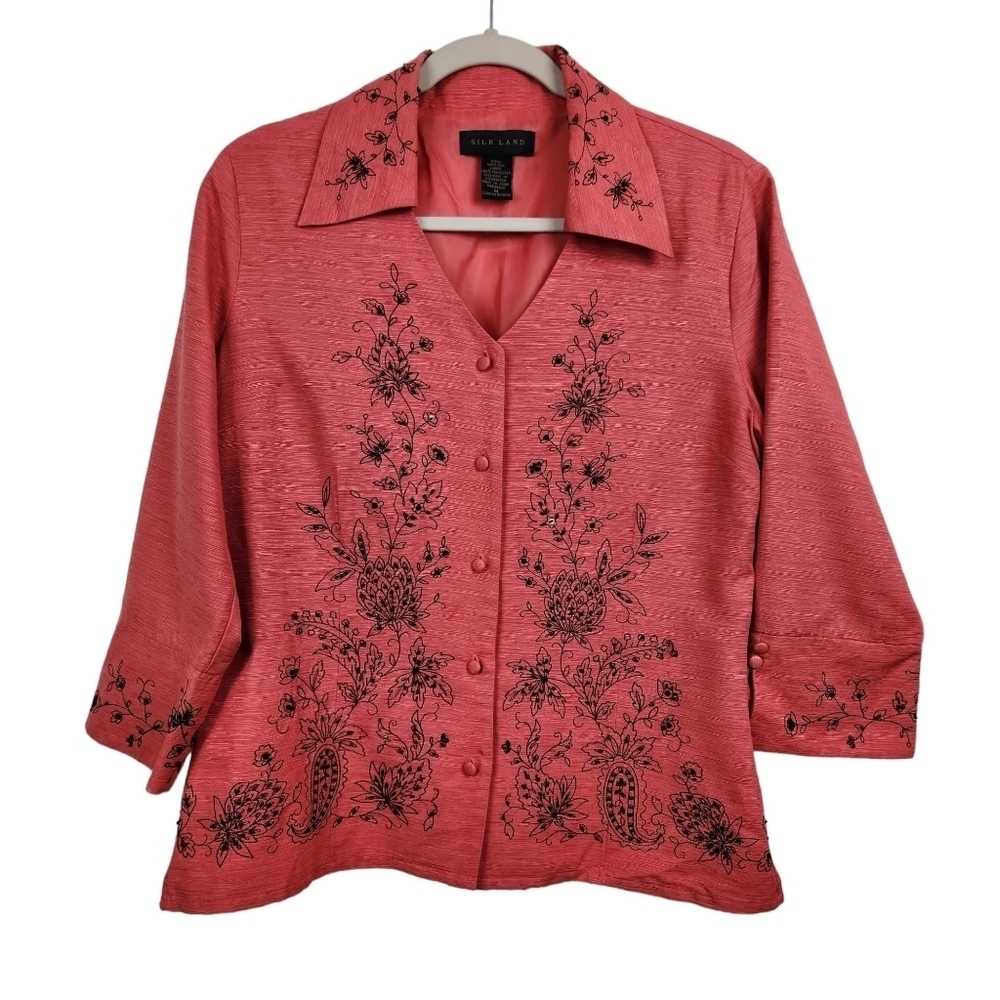 SilkLand 100% Silk Coral Button Down Black Beaded Embroidered Blouse Medium